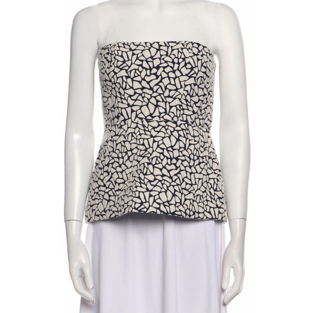 Zero + Maria Cornejo Strapless Black and Cream Patterned Peplum Top